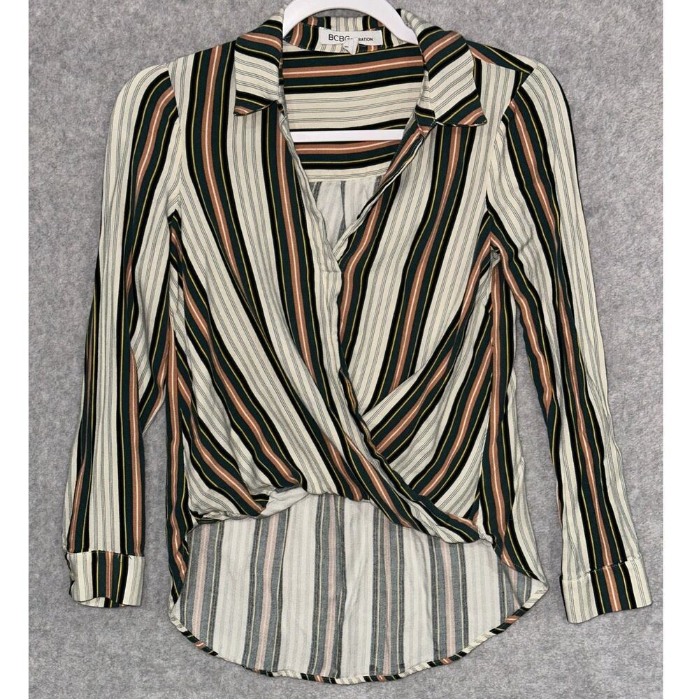BCBG | XSmall | Wrap Front High‎ Low Tunic Blouse Long Sleeve Collared career